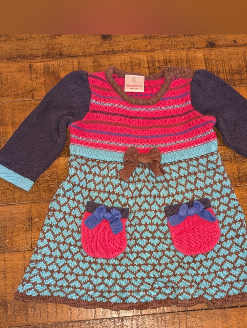 Hanna Andersson Pink, Aqua & Brown Knit Heart Dress, 60, 3-6m